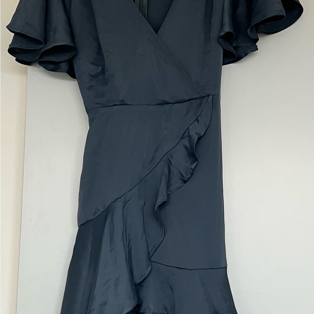 Grey Blue Satin Wrap Dress